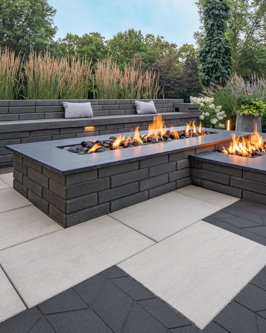 Sleek backyard fire pit from Techo-Bloc built with Raffinato Smooth retaining wall blocks