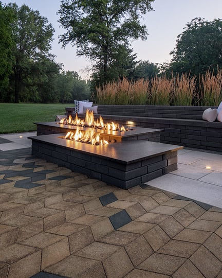 Mur de soutènement Raffinato de Techo-Bloc utilisé pour créer un foyer dans une cour arrière.