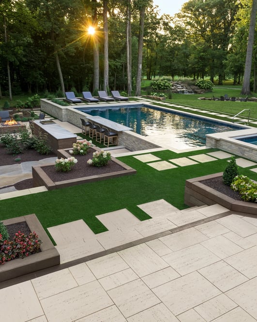 Backyard swimming pool design featuring Travertina Raw patio slab