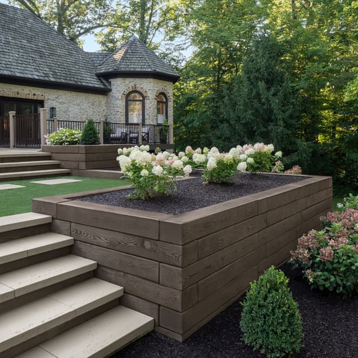 Techo-Bloc's Borealis retaining wall used to create a raised garden bed in a backyard design. 