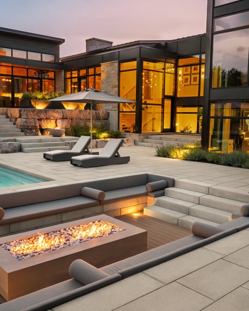 Modern Techo-Bloc backyard design with outdoor lighting