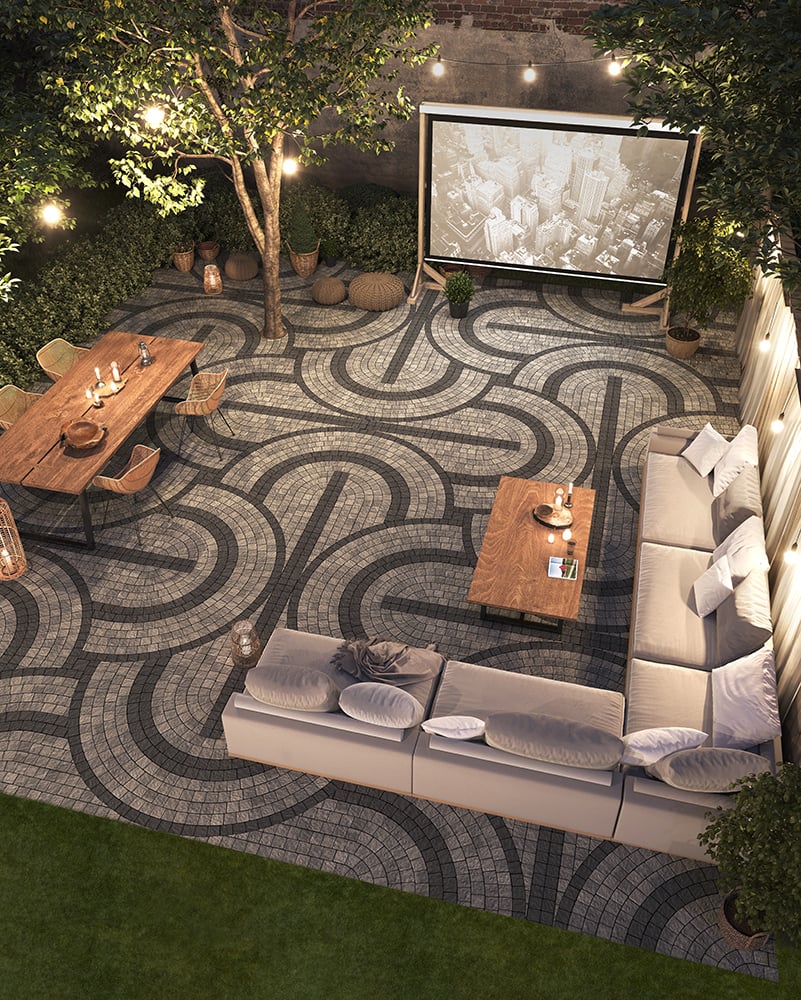 Bring the indoors out with these incredible mosaic designs and features like fire pits.