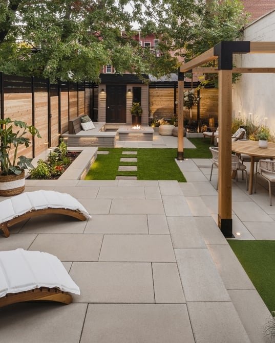 Modern backyard with concrete pavers