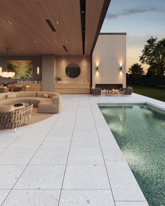 Stunning swimming pool design featuring Techo-Bloc Terrazo patio slabs