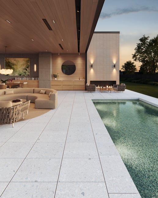 Backyard design with marble-inspired patio slabs