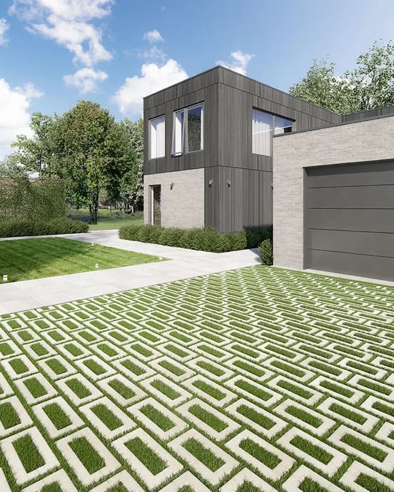 Permeable driveway design featuring Techo-Bloc's Aquastorm pavers