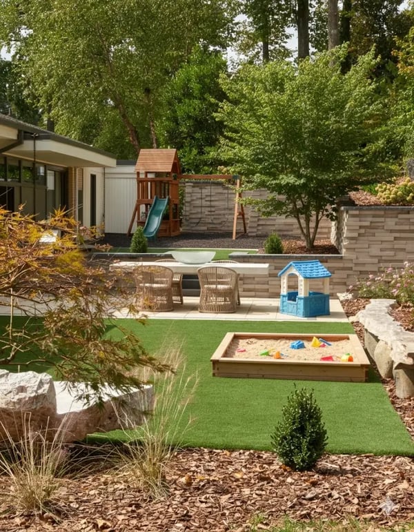 Backyard surrounded by Techo-Bloc's Graphix Wall, featuring a kid's playground
