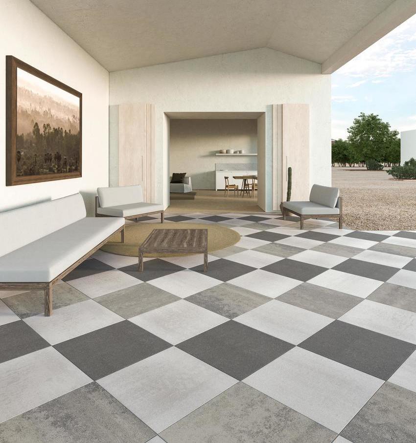 Industria slab entrance — Greyed Nickel, Onyx Black, Shale Grey
